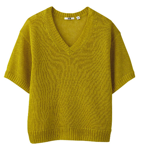 Uniqlo linen V neck half sleeve cropped sweater gold